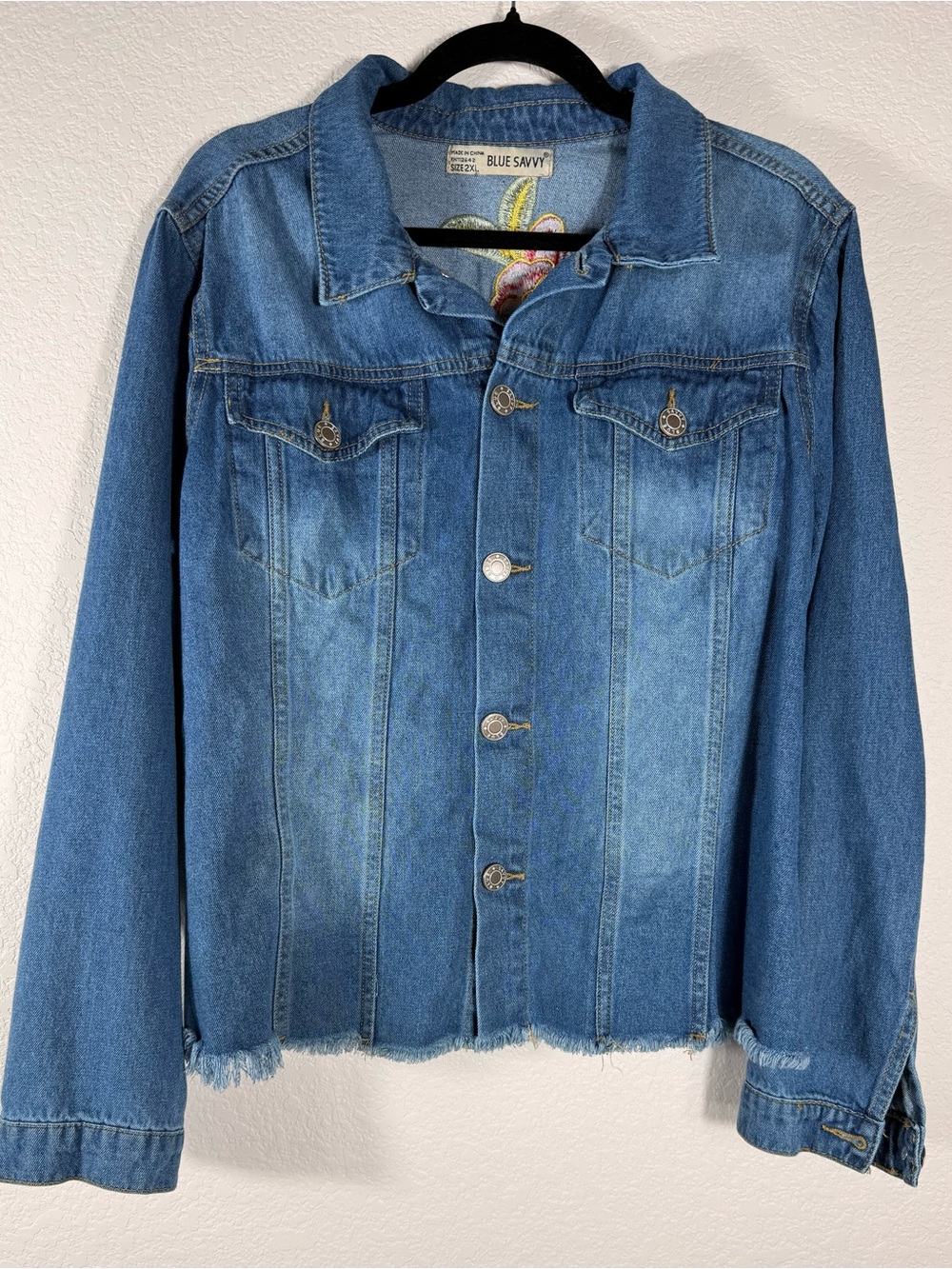 Blue Savvy Women's 2XL Blue Denim Colorful Embroidered Jean Jacket Y2K BOHO